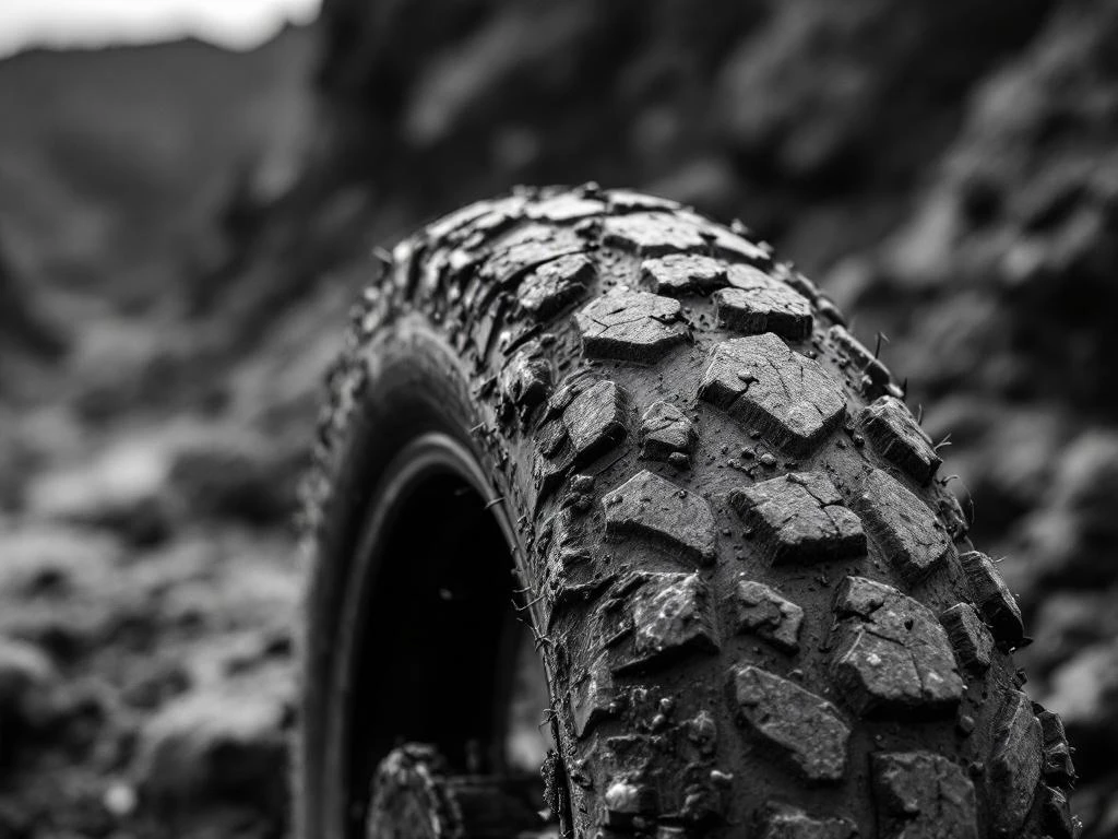 Worn motorcycle tire with deep tread grooves and embedded stones showing weathered rubber texture in dramatic black and white