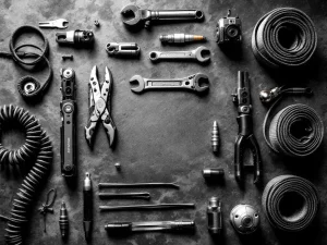 Overhead view of motorcycle repair tools including multi-tool, tire kit, wrenches, and spark plugs on workshop surface