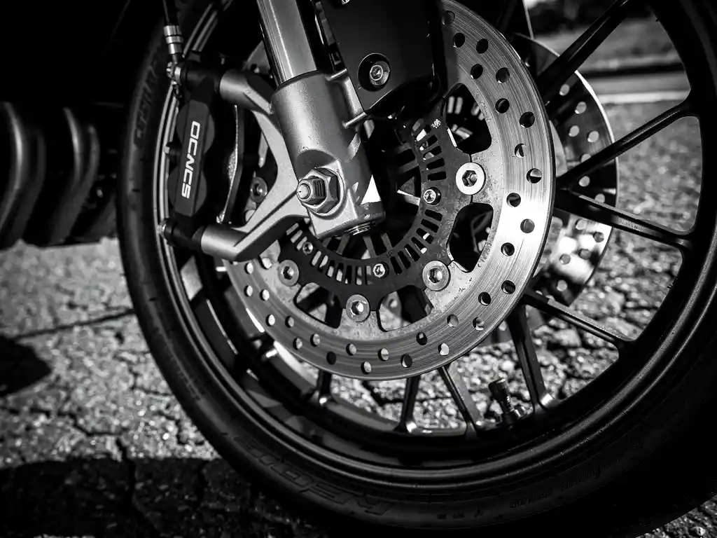CFMOTO 450 MT front brake caliper and ABS sensor ring with detailed teeth, shot low-angle in black and white with dramatic side lighting.