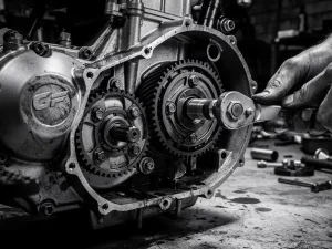CFMOTO 450 MT engine block with side cover removed, grease-stained hands holding a torque wrench, sharp workshop lighting in black and white.
