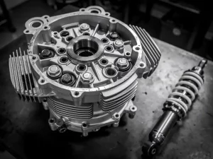 CFMOTO 450 MT motorcycle engine close-up showing crankcase and cylinder head, with shock absorber beside it in a workshop setting.