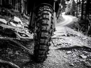 CFMOTO 450 MT adventure motorcycle knobby off-road tire tread detail on rugged dirt trail with gravel and exposed roots.