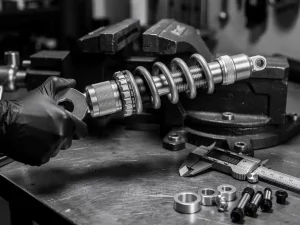 CFMOTO 450 MT rear shock absorber in a workshop vice, gloved hand adjusting preload collar with spanner wrench beside a caliper.