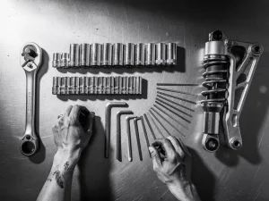 Mechanic's worn hands arranging torque wrench, socket set, hex keys, and feeler gauges beside a CFMOTO 450 MT rear suspension component on a steel workshop surface.