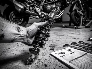 Grease-stained hand holding a removed shock absorber from a CFMOTO 450 MT, wrenches and service manual on workshop floor behind.