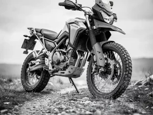 CFMOTO Ibex 450 adventure motorcycle on a rugged dirt trail, low-angle view emphasizing seat height and compact frame against overcast sky.