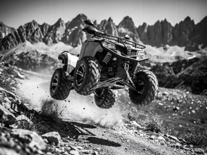 CFMOTO Ibex 450 ATV catching air over a rocky mountain trail, suspension compressed, gravel and dust erupting beneath the wheels.