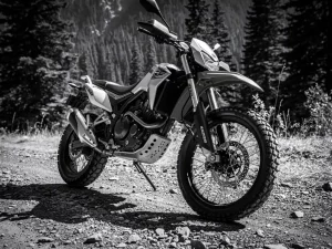 CFMOTO Ibex 450 dual sport motorcycle on gravel trail, knobby tires and suspension detail highlighted in high-contrast black and white.