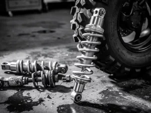 CFMOTO Ibex 450 factory and aftermarket rear shock absorbers on a concrete workshop floor beside an off-road tire.