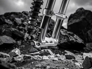 CFMOTO Ibex 450 front fork and rear shock absorber floating above rocky terrain, dramatic low-angle monochrome view highlighting coil springs and damper detail.