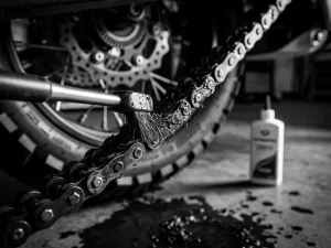 CFMOTO adventure bike drive chain being scrubbed with a stiff brush, chain lubricant bottle beside the rear wheel on a workshop floor.
