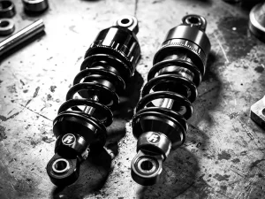 Two motorcycle shock absorbers side by side on concrete, contrasting coil spring designs with precision-machined metal details in sharp monochrome light.