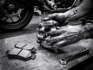 Mechanic's grease-stained hands gripping a CFMOTO 450 MT rear brake caliper with fresh brake pads and torque wrench on workshop floor.
