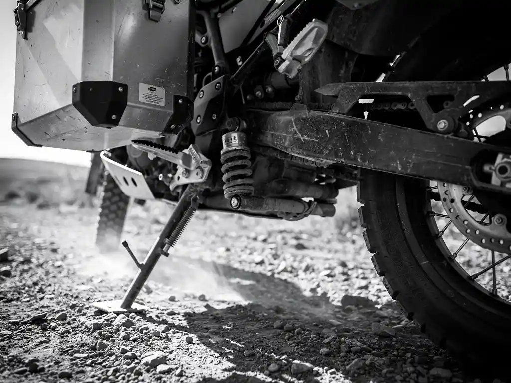 Yamaha Ténéré 700 rear shock absorber bottomed out under loaded aluminum panniers on a dusty gravel trail, black and white close-up.