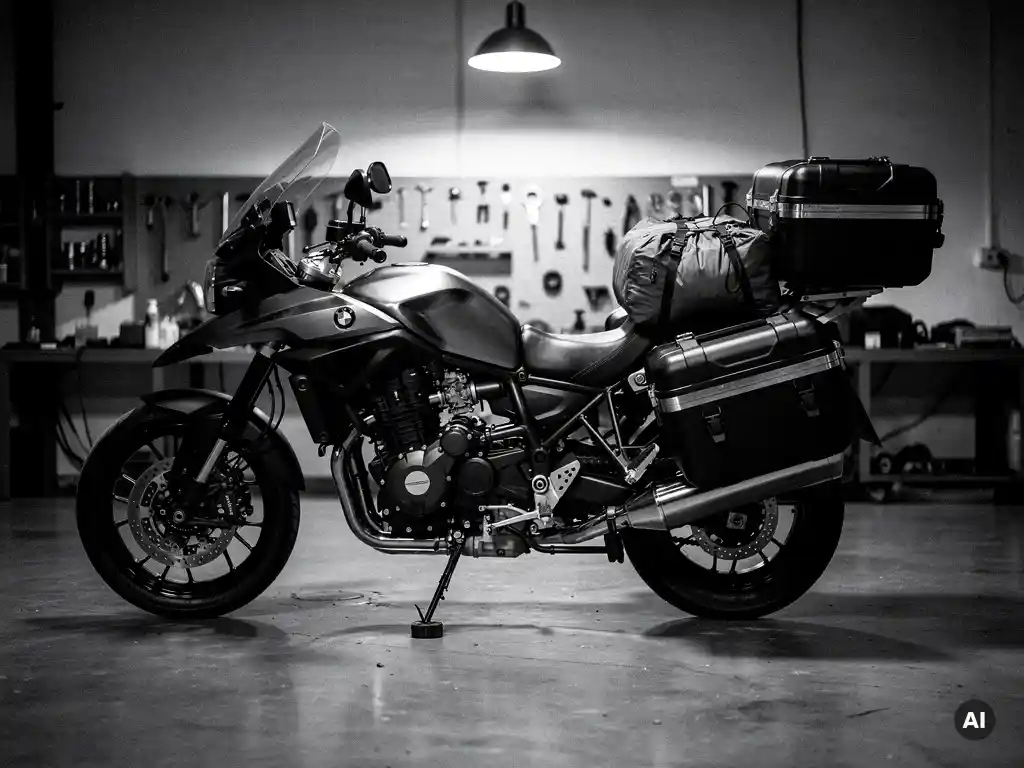 Loaded touring motorcycle with packed saddlebags and top case parked in a workshop, dramatic monochrome lighting highlighting suspension and frame detail.