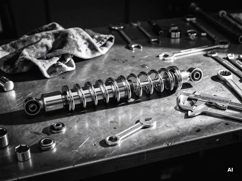 Disassembled motorcycle rear shock absorber with separated spring coil and damper unit on a steel workbench, precision tools nearby.