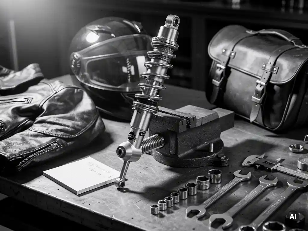 Motorcycle rear shock absorber clamped in a workshop vice beside riding gear, saddlebags, and measurement notes, monochrome dramatic lighting.